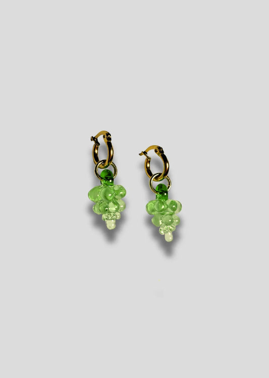 A pair of green glass grape hoop gold vermeil earrings , handcrafted in our Australian studio.